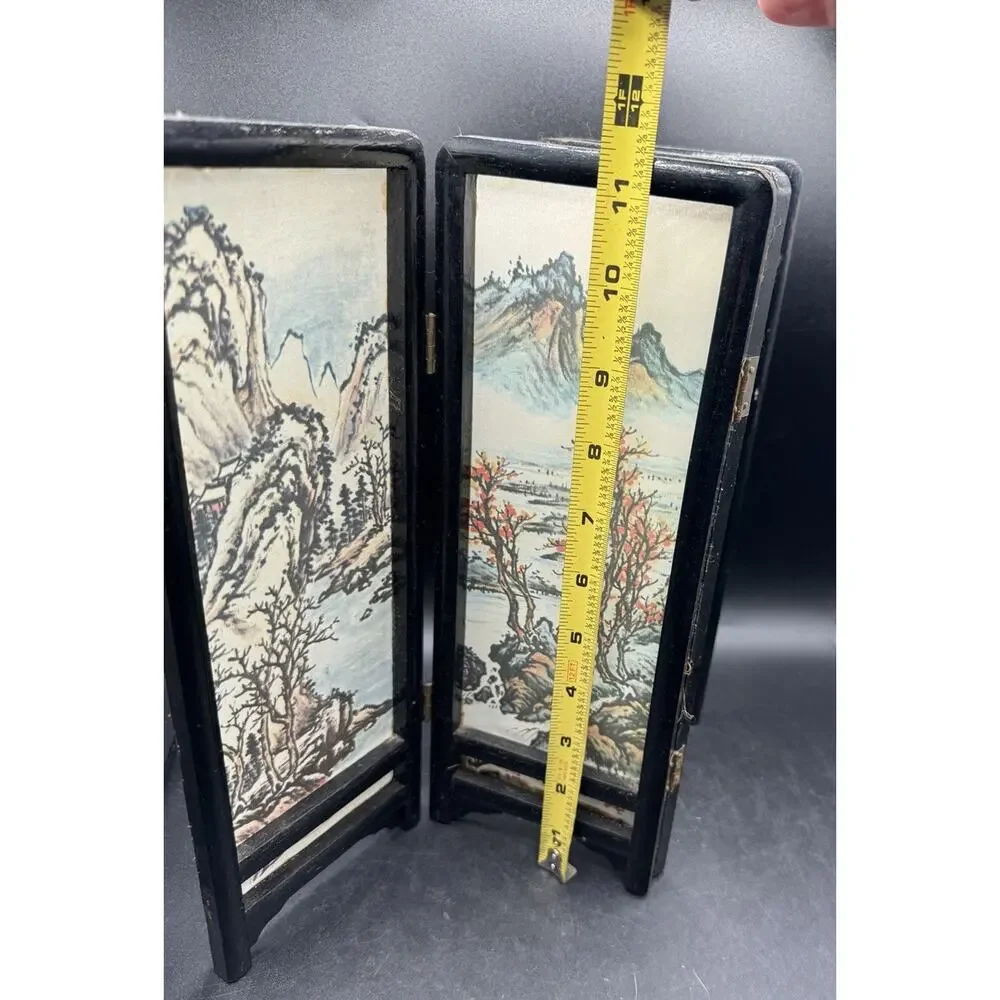 Vintage Asian Style 4 Panel Folding Doll House Screen Hand Painted Landscape